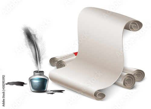 3d realistic vector glass bottle of ink and black feather with old antique paper on white background.