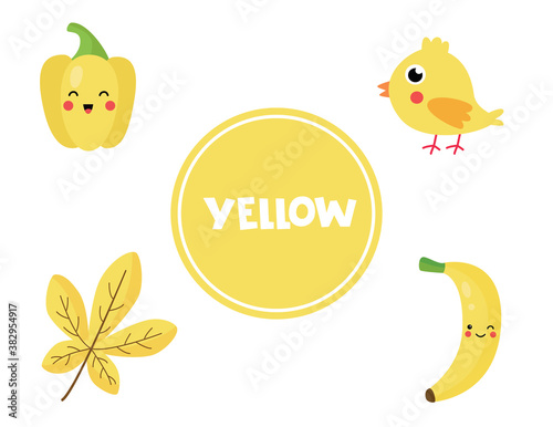 Learning yellow color for preschool kids. Educational worksheet.