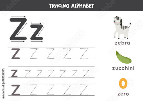 Z is for zebra, zero, zucchini. Tracing English alphabet worksheet.