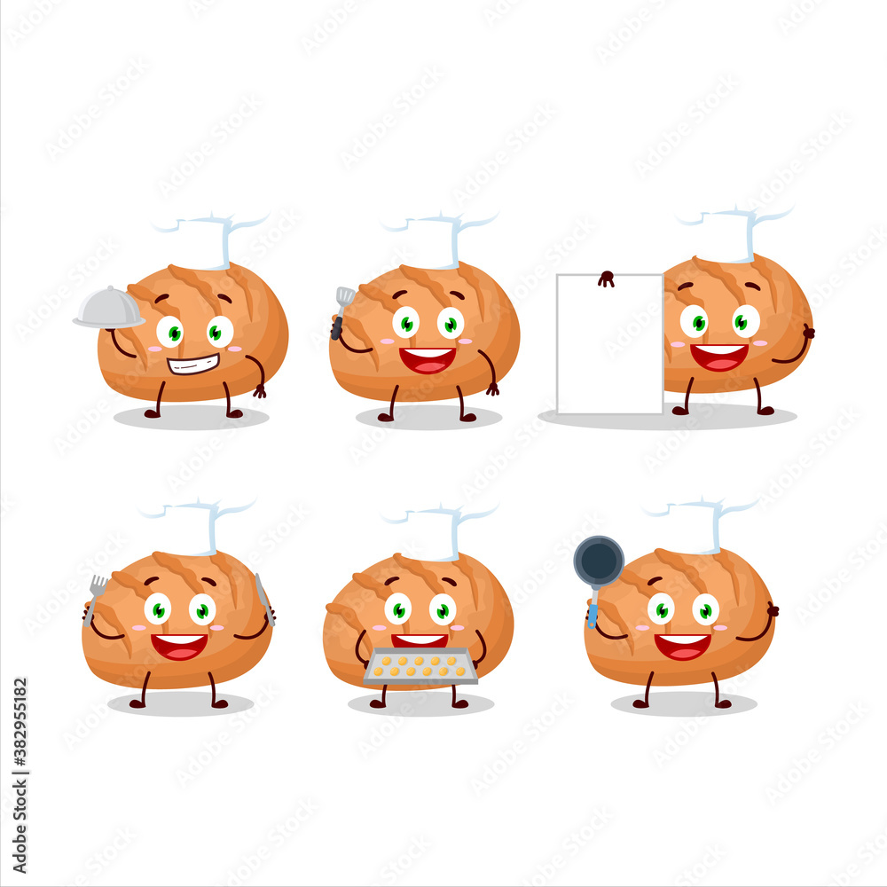 Cartoon character of bun bread with various chef emoticons Cartoon character of bun bread with various chef emoticons