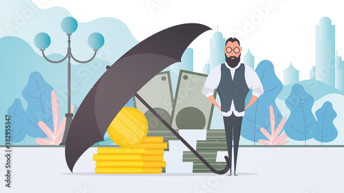 Businessman under the umbrella. Business conservation concept. Business is protected from risks. Isolated. Vector.