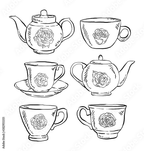 Tea cups and teapots with roses illustrations