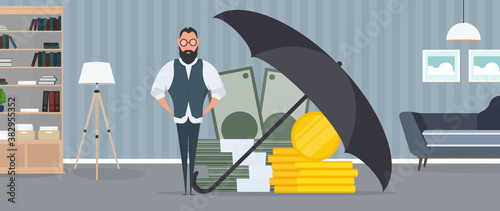 Businessman under the umbrella. Business conservation concept. Business is protected from risks. Isolated. Vector.
