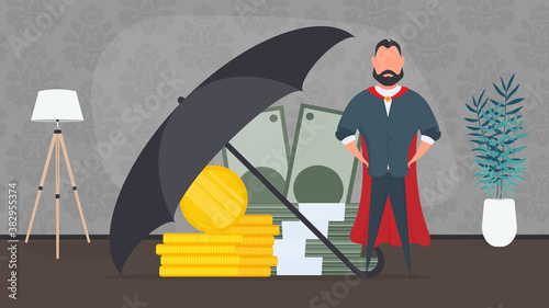 Businessman under the umbrella. Business conservation concept. Business is protected from risks. Isolated. Vector.