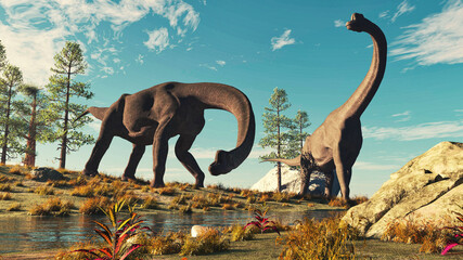 Handdoek met foto Jongenskamer Brachiosaurus in groene natuur  © allvision