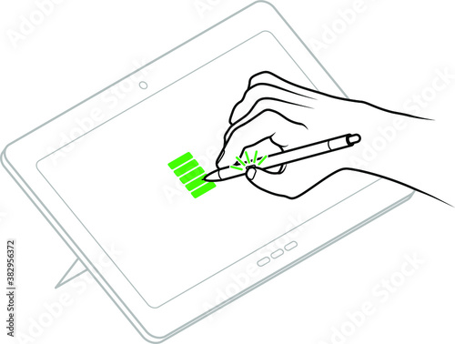 Line drawing of a human male hand with a digitizer pen demonstrating clicking the side button to open a contextual menu.