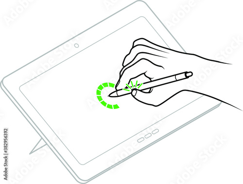 Line drawing of a human male hand with a digitizer pen demonstrating clicking the side button to open a circular contextual menu.