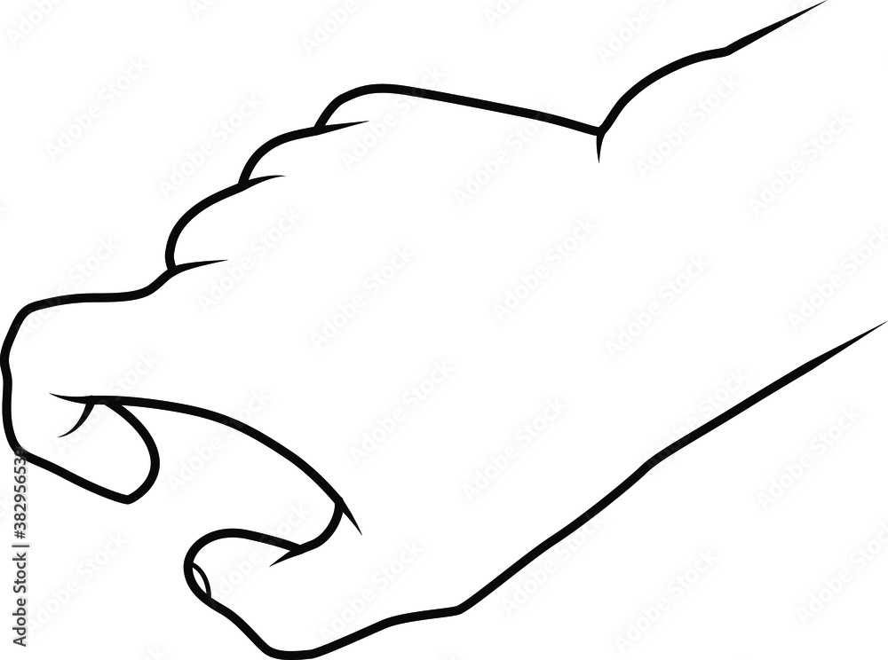 Line drawing of a human male hand. Making a pinching gesture with thumb and index finger.