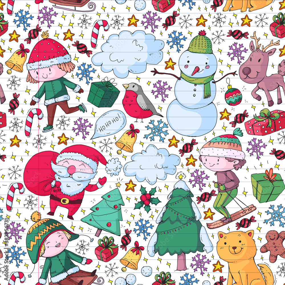 Fototapeta premium Christmas winter background with children. Kids vacation and sport.