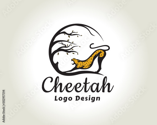 nature cheetah, panther, lion, yellow cat roaring with tree circle shape logo design symbol illustration