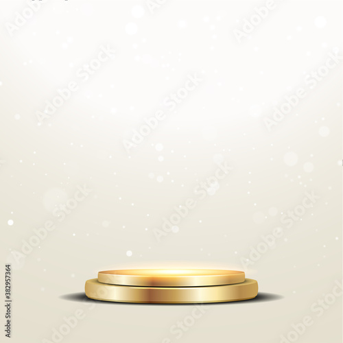 Elegant metallic golden podium with a spotlight and bokeh on a white background, the first place, fame and popularity. Vector illustration. - Vector