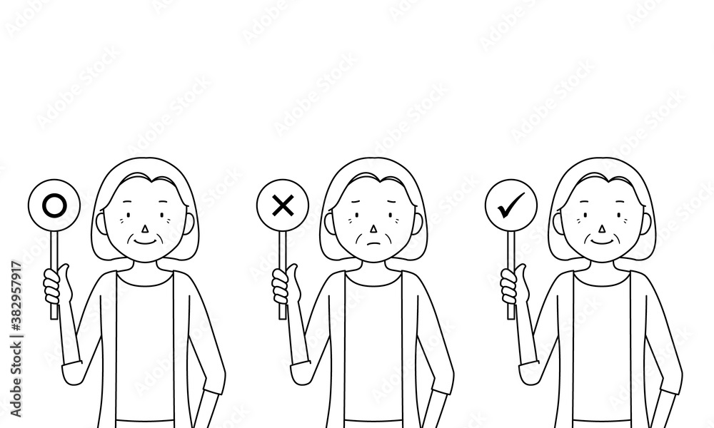 Illustration set of a senior woman raising an answer tag (with correct sign, with wrong sign) Illustration set of a senior woman raising an answer tag (with correct sign, with wrong sign)