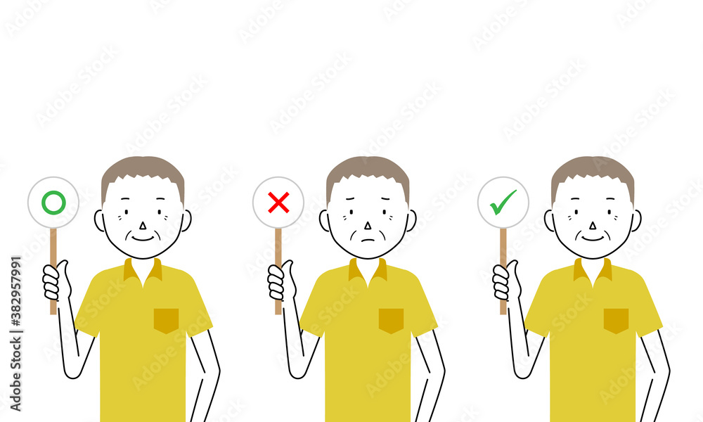 Illustration set of a senior man raising an answer tag (with correct sign, with wrong sign) Illustration set of a senior man raising an answer tag (with correct sign, with wrong sign)