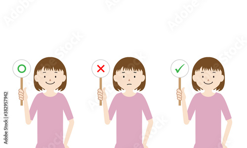 Illustration set of a girl raising an answer tag (with correct sign, with wrong sign)