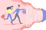 Black friday or big sale concept. Seasonal sale social media banner or flyer. Young people, a girl and a guy, are shopping with bags. Vector illustration in flat cartoon style. Background for smm.