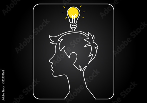 Continuous  line draw woman with light bulb on white background, symbol idea. Concept of thinking ideas inside the person's head.