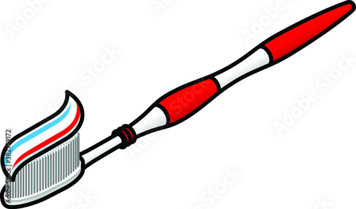 A red toothbrush with a dollop of red and blue striped toothpaste.