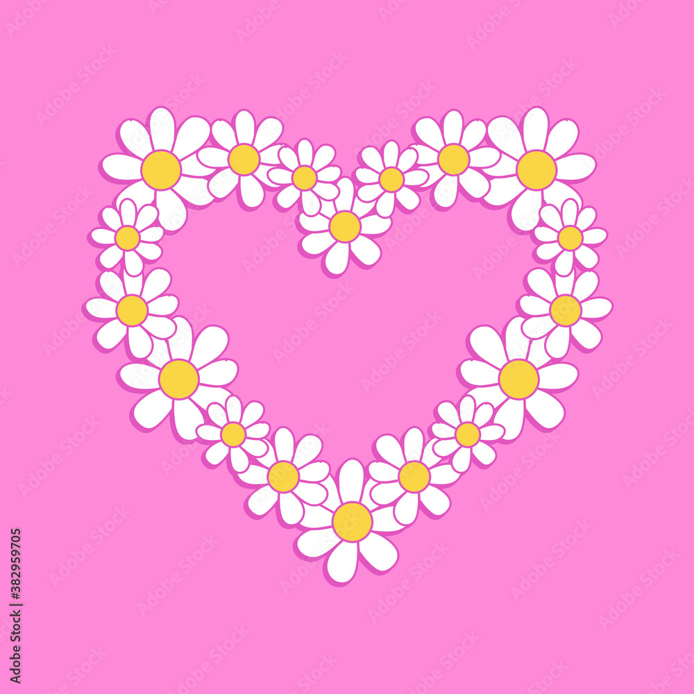 VECTOR ILLUSTRATION OF A HEART MADE OF DAISY FLOWERS, SLOGAN PRINT
