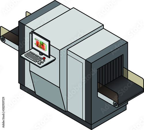 An airport security hand luggage x-ray scanner with attached operator controls and screen.