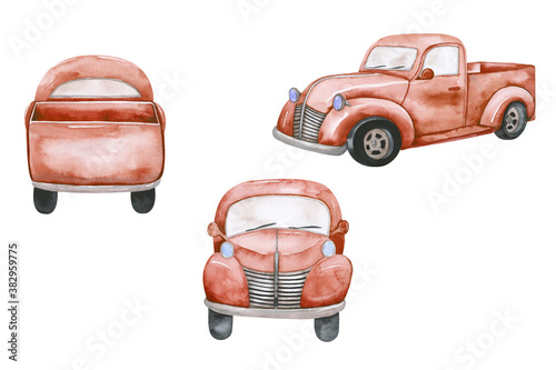 Watercolor red pickups for Christmas front, side, back view