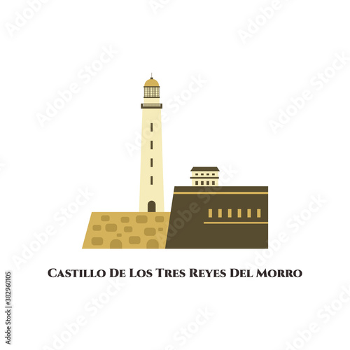 Morro Castle (Castillo de los Tres Reyes Magos del Morro). El Morro fortress and lighthouse in Havana Cuba. Famous historical landmark. Travel tourist destination in Europe. Vector flat illustration