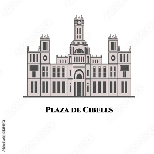Flat design of Plaza de Cibeles in Madrid, Spain. An iconic symbol for the city of Madrid. A building with Cibeles Fountain and has become one of the most emblematic symbols of Spain’s capital city
