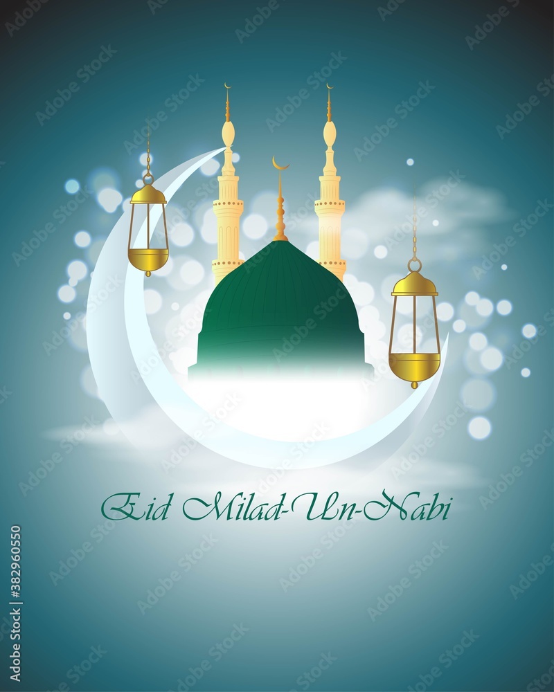 Vector illustration of Eid Milad-Un-Nabi means birth of the Prophet,  mosque, moon, stars, lanterns, muslim pattern and bokeh background, Islamic  greeting banner template. Stock Vector | Adobe Stock