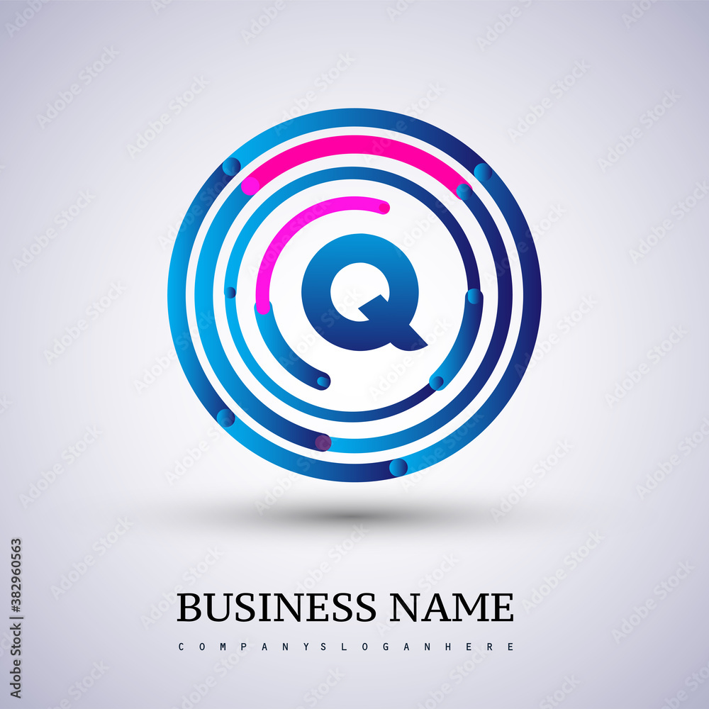 Letter Q vector logo symbol in the circle thin line colored blue and red. Design for your business or company identity. Letter Q vector logo symbol in the circle thin line colored blue and red. Design for your business or company identity.