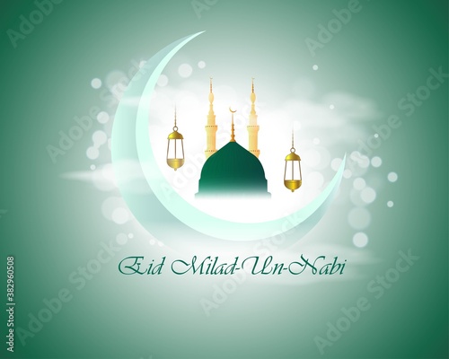 Vector illustration of Eid Milad-Un-Nabi means birth of the Prophet, mosque, moon, stars, lanterns, muslim pattern and bokeh background, Islamic greeting banner template.