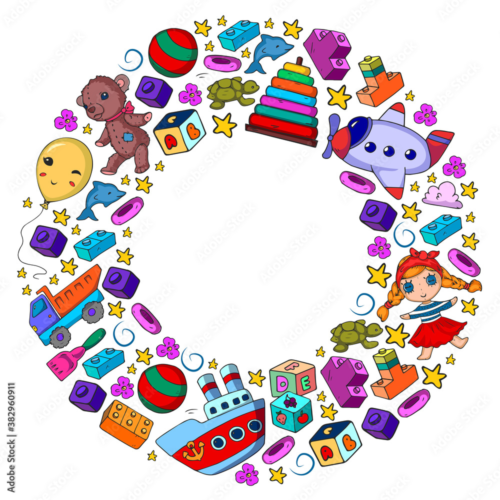 Set of vector toys for little children. Ufo, submarine. Cartoon dinosaur. Kindergarten kids. Set of vector toys for little children. Ufo, submarine. Cartoon dinosaur. Kindergarten kids.