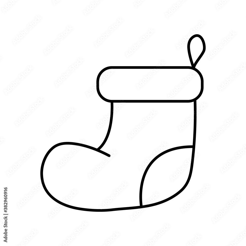 Christmas sock. Doodle icon. Vector illustration. Design element for coloring book. 