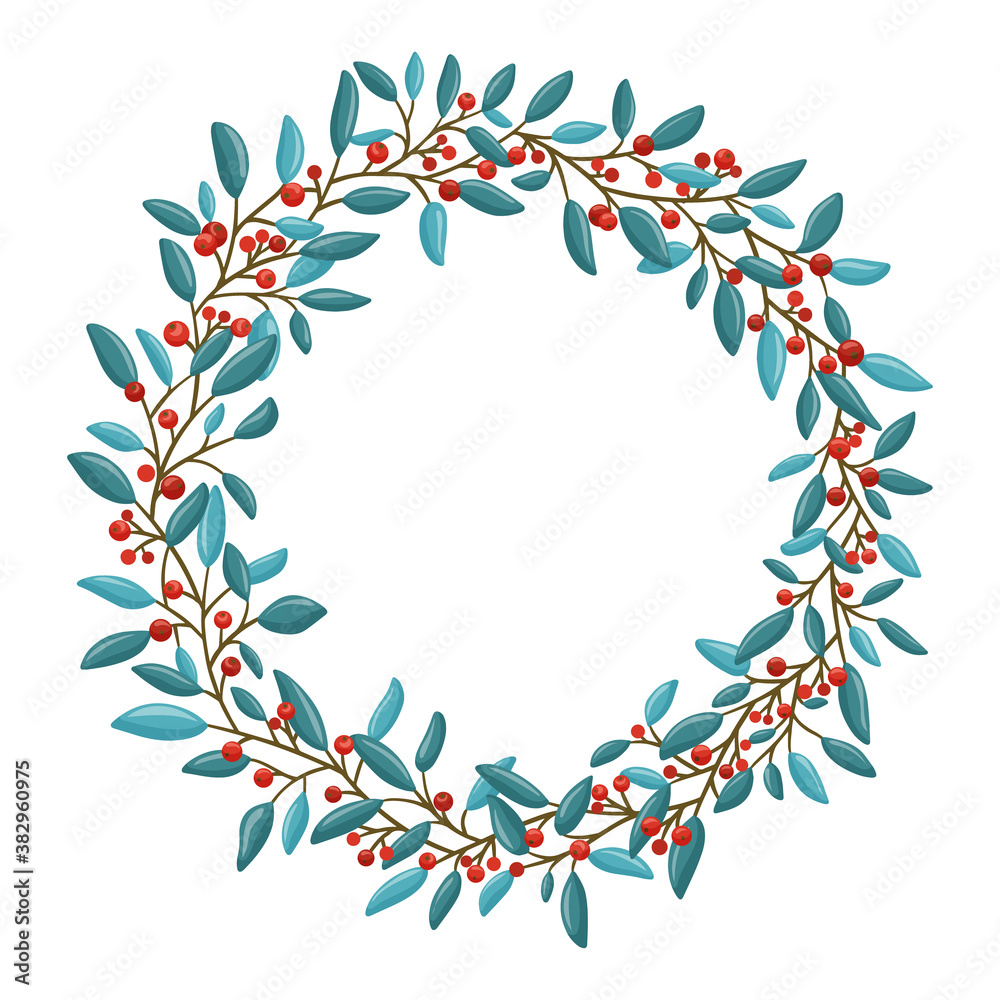 Fototapeta premium Winter wreath with red berries. Modern design for Holidays invitation card, poster, banner, greeting card, postcard, packaging, print. Vector illustration. 