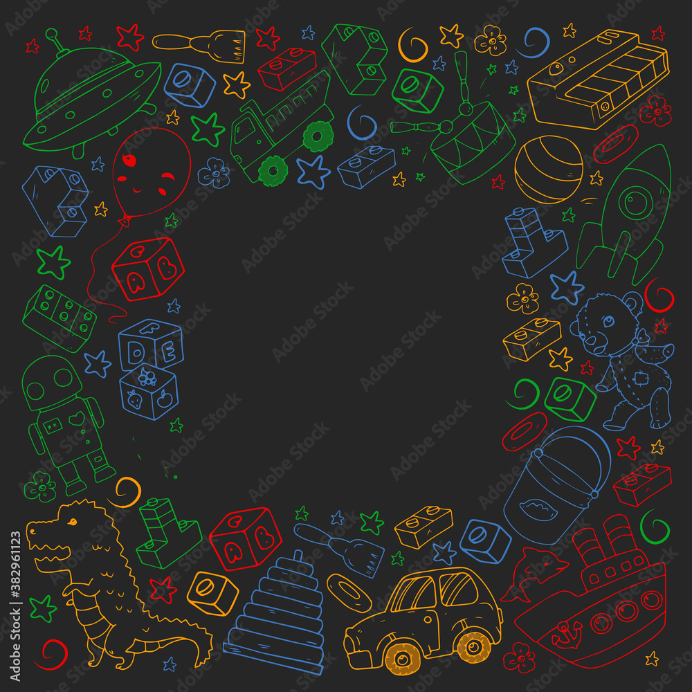 Set of vector toys for little children. Ufo, submarine. Cartoon dinosaur. Kindergarten kids.