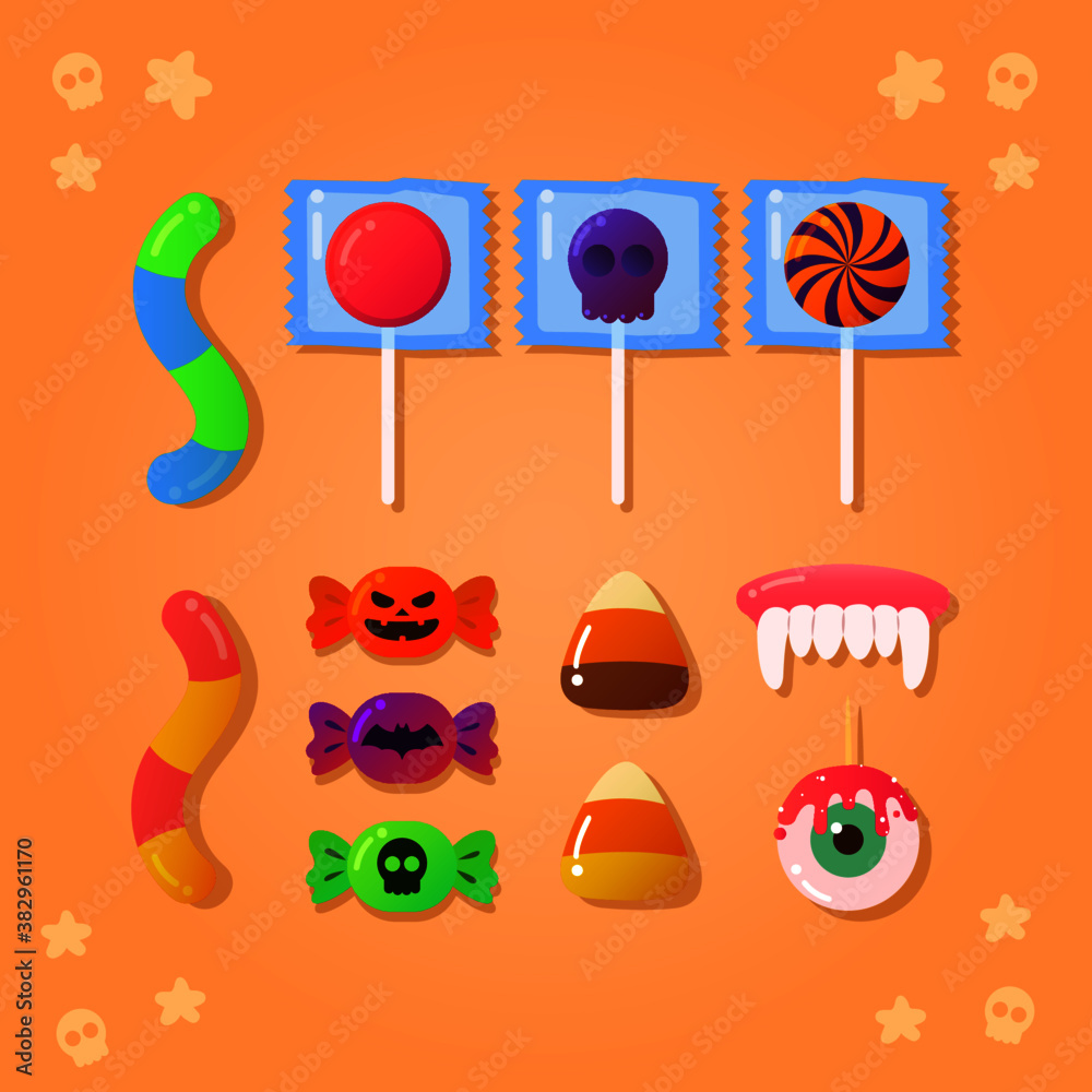 Colorful halloween candy (gummy worms, lollipops, sweets, candy corn, dracula teeth and bloody eye)
