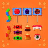 Colorful halloween candy (gummy worms, lollipops, sweets, candy corn, dracula teeth and bloody eye)