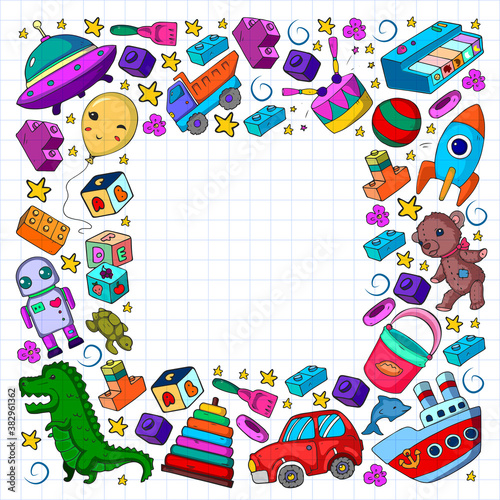 Set of vector toys for little children. Ufo, submarine. Cartoon dinosaur. Kindergarten kids.