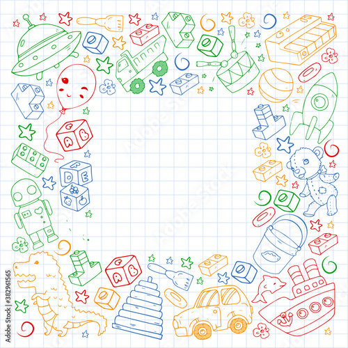 Set of vector toys for little children. Ufo, submarine. Cartoon dinosaur. Kindergarten kids.