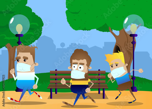 Retro cartoon men running in the city park, wearing medical masks to protect themselfs from virus. Prevent infection, stay healthy and keep your body strong. Vector illustration. photo