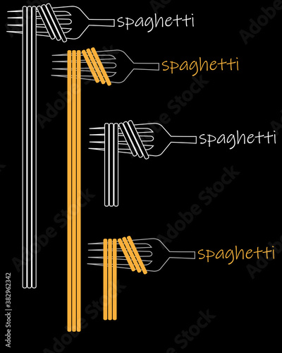 creative minimal spaghetti logo. fork with spaghetti inscription. color and black and white
