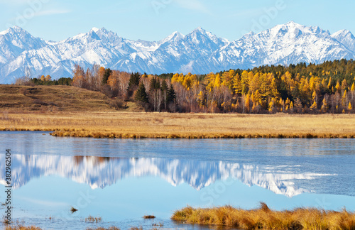 Yellowed forest and snow-capped mountain peaks are reflected in a calm river covered with a crust of ice on a sunny autumn day. Beautiful landscape  natural background  autumn travel