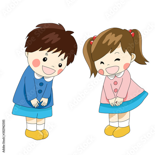 制服を着て挨拶をする男の子と女の子の園児