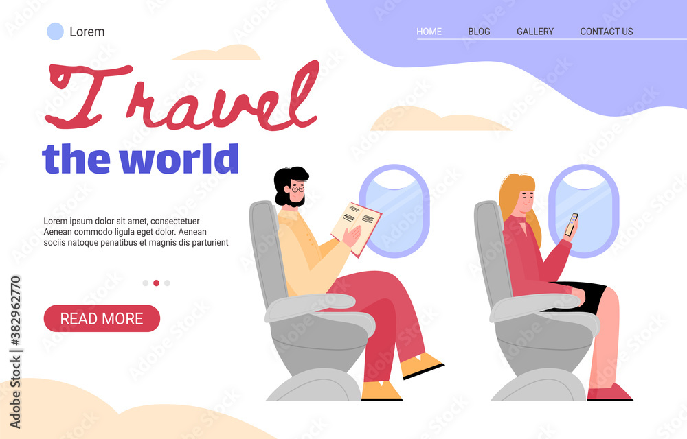 Travel the world website header with people characters during plane flight, flat cartoon vector illustration. Web page template for travel agency or airline. Travel the world website header with people characters during plane flight, flat cartoon vector illustration. Web page template for travel agency or airline.