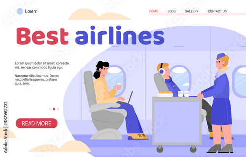 Best airlines landing page for website. Flight attendant walking in aircraft offering plane passengers food and drinks, flat cartoon vector illustration white background