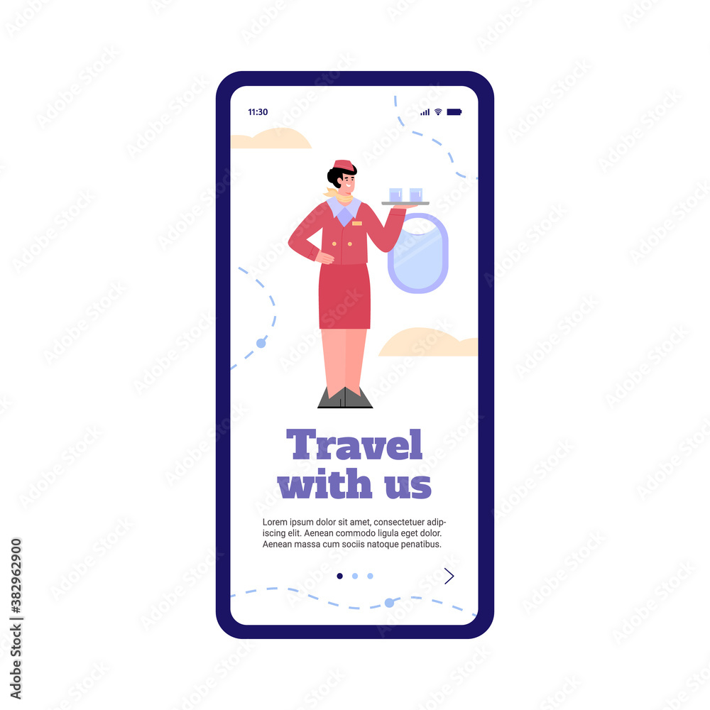Onboarding page for airline application with friendly stewardess cartoon character, flat vector illustration isolated on white background. Mobile screen start page. Onboarding page for airline application with friendly stewardess cartoon character, flat vector illustration isolated on white background. Mobile screen start page.