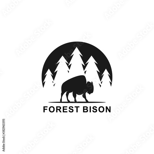 Bison and Pine Forest Silhouette Logo Design Vector BISON and PINE TREE