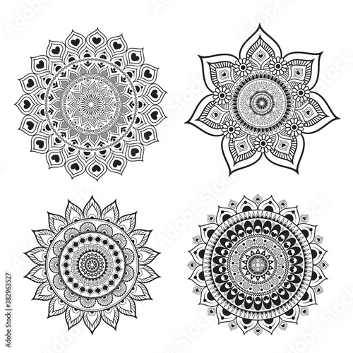 Set of mandala decorative outline with four various shape. Design for any card, birthday, other holiday, kaleidoscope, yoga, india, folk, arabic, coloring book. Indian pattern.