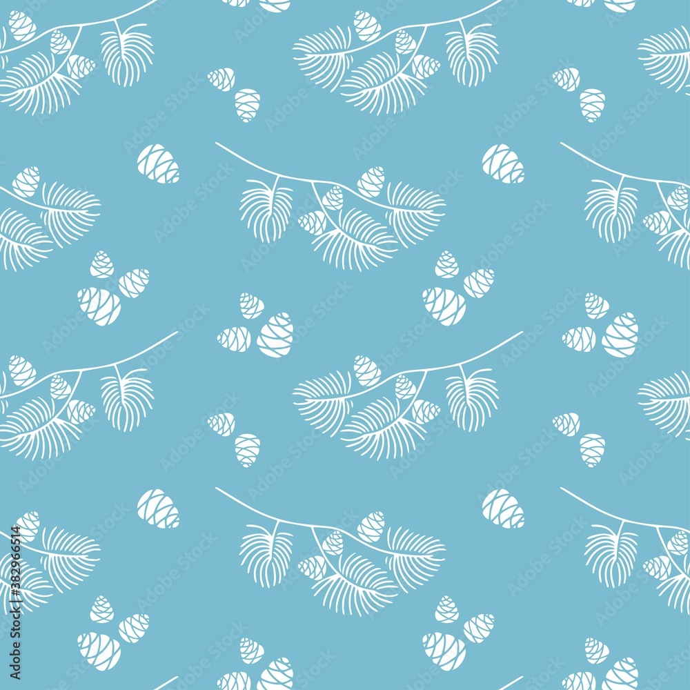 Hand drawn seamless pattern doodle of fir tree branch with cones isolated on blue background. Conifer sketch. Vector illustration. Design for wrapping, wallpaper, textile Hand drawn seamless pattern doodle of fir tree branch with cones isolated on blue background. Conifer sketch. Vector illustration. Design for wrapping, wallpaper, textile