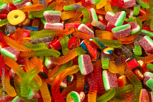 Assorted gummy candies. Top view. Jelly sweets background.