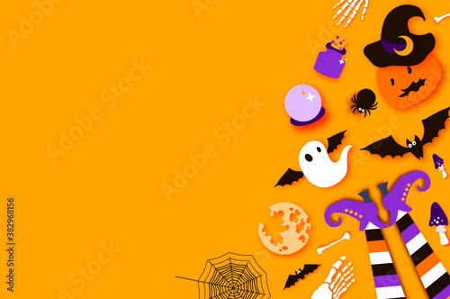 Happy Halloween party. Mystical night with Pumpkin, bat, bones, ghost, witch shoes. Trick or treat. Skeleton. Space for text. Paper craft art .