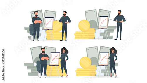 Set for posters and presentations. The girl and the man show the report to the boss. Presentation with positive dynamics. Board for paper. Infographics. Business growth. Isolated. Vector.